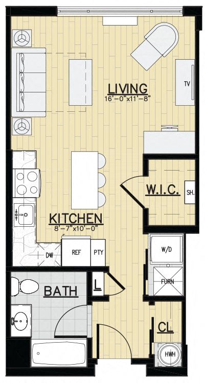 Floor plan for studio, 1 bath, 513 sqft